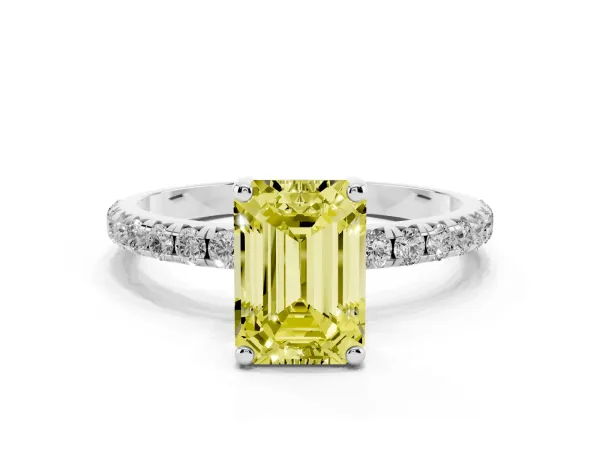 Fancy Yellow Emerald Cut Cut Diamond Solitaire Ring with Micro Pave Band and Four Prong Setting White gold