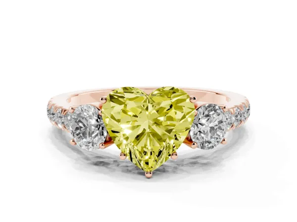 Fancy Yellow Heart Cut Cut Diamond Three-Stone Ring with Round Side Stones and Pavé Band Rose gold