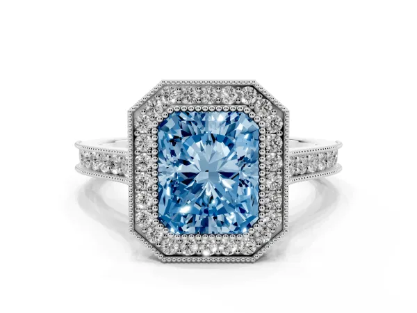 Fancy Blue Halo Radiant Cut-Cut Diamond Pave Band Milgrain Prong Setting Ring Platinum