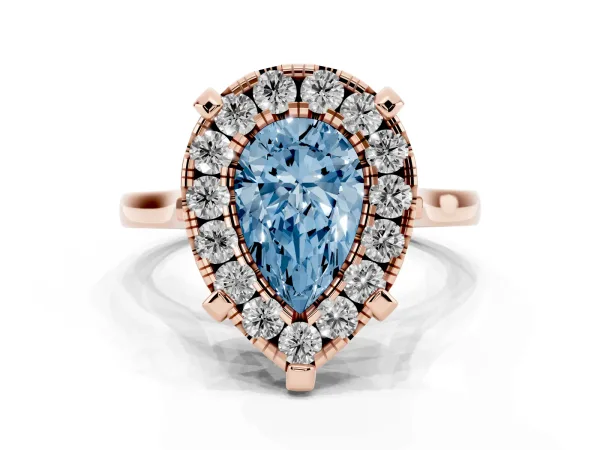 Fancy Blue Pear Cut Diamond Cluster Halo Solitaire with Four-Prong Setting Rose gold