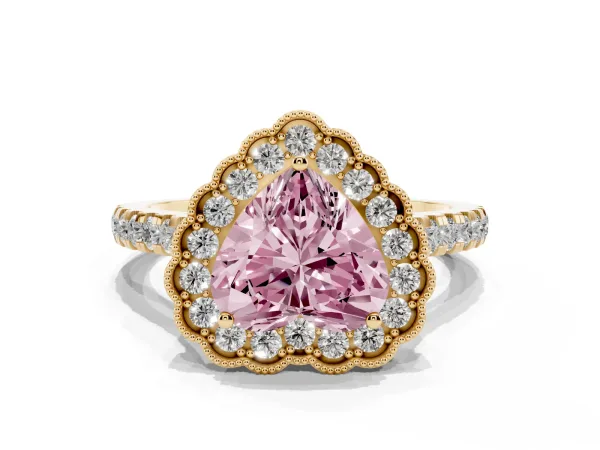 Fancy Pink Heart Cut Cut Diamond Milgrain Floral Halo Engagement Ring with Pavé Band Yellow gold
