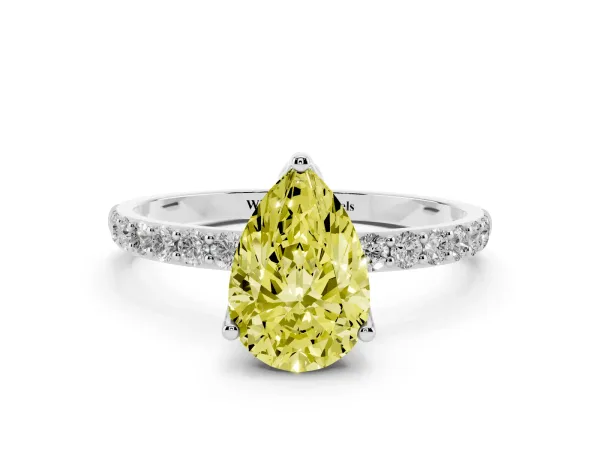 Fancy Yellow Pear Cut Diamond Solitaire Engagement Ring with Round Pavé Band and Prong Setting Platinum