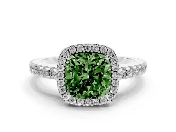 Fancy Green Cushion Cut Diamond Halo Engagement Ring with Pavé Band and Prong Setting Platinum
