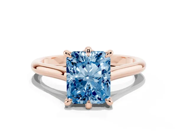 Fancy Blue Radiant Cut Solitaire Engagement Ring with Six-Prong Setting and Classic Band Rose gold