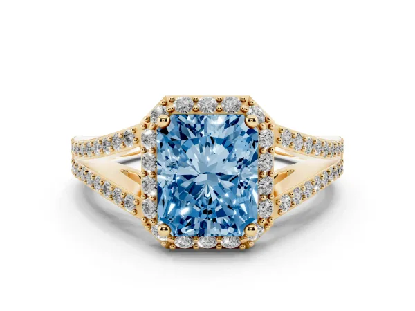 Fancy Blue Radiant Cut Halo Split Shank Diamond Ring with Prong Setting Yellow gold