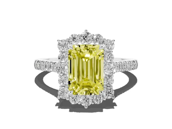 Fancy Yellow Emerald Cut Halo Diamond Ring with Pavé Band and Prong Setting Platinum