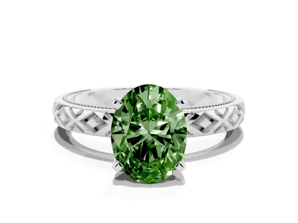 Fancy Green Oval Cut Solitaire Diamond Ring with Milgrain and Black Enamel X Pattern Band Platinum