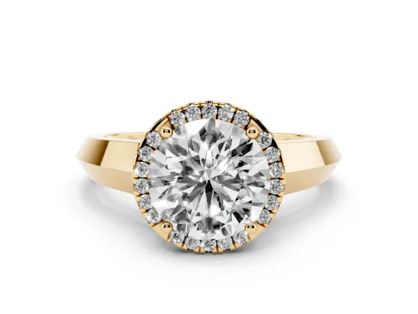 Round Cut Halo Diamond Ring with Cathedral Band and Four-Prong Setting Yellow gold