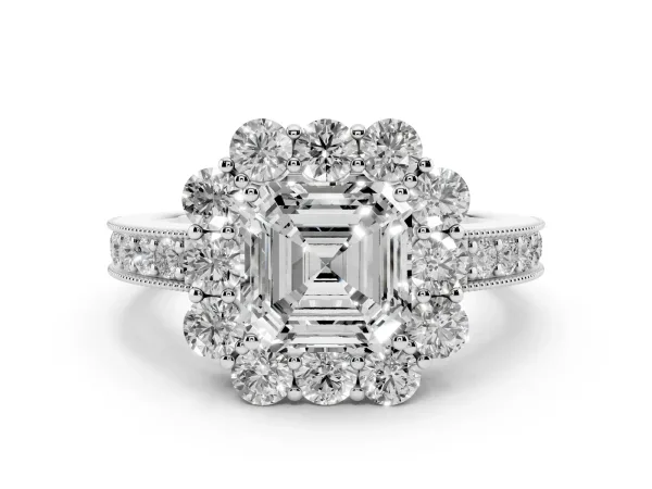 Asscher Cut Cut Halo Diamond Pavé Engagement Ring with Milgrain Detailing White gold