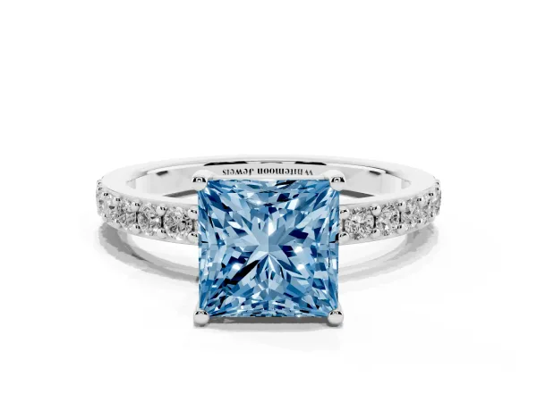 Fancy Blue Princess Cut Cut Diamond Solitaire with Pave Band and Four-Prong Setting Platinum
