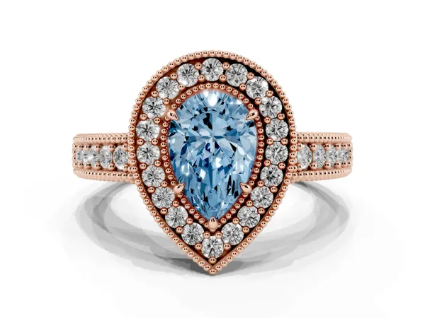 Fancy Blue Pear Cut Cut Halo Diamond Ring with Pavé Band and Four-Prong Setting Rose gold