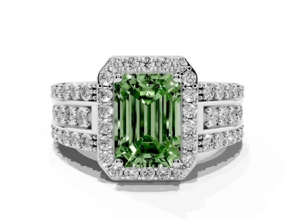 Fancy Green Emerald Cut Halo Diamond Ring with Round Split Shank and Prong Setting White gold