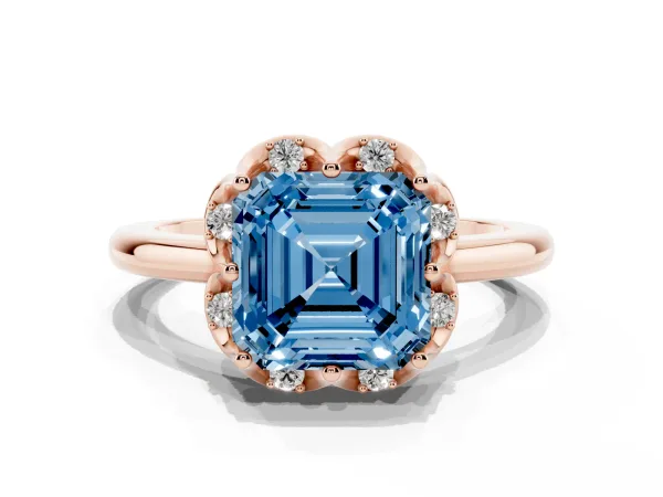 Fancy Blue Asscher Cut Halo Diamond Ring with Round Cluster Setting, Solitaire Band, and Four-Prong Setting Rose gold