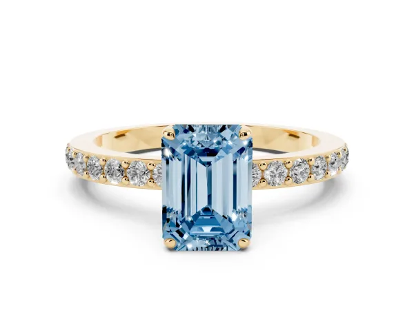 Fancy Blue Emerald Cut Diamond Solitaire Engagement Ring with Pavé Band and Four-Prong Setting Yellow gold