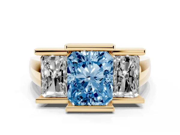 Fancy Blue Three Stone Radiant Cut Cut Channel Set Diamond Ring Yellow gold