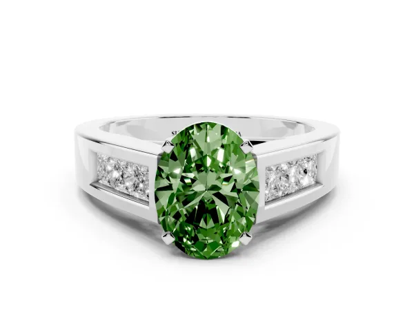 Fancy Green Oval Cut Cut Channel Set Solitaire Ring with Four-Prong Setting Platinum