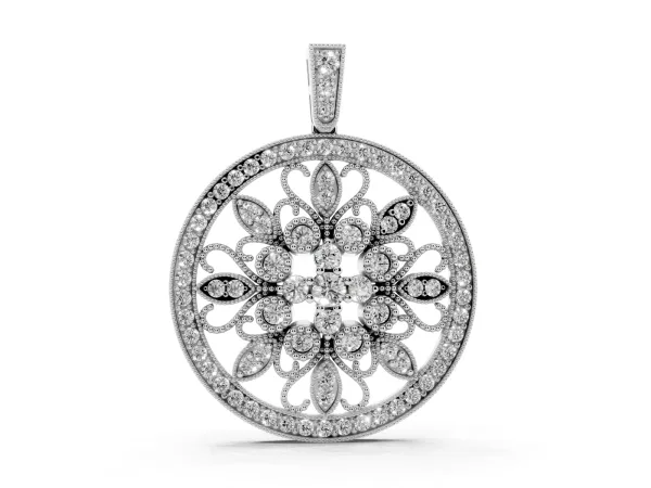 Round Pavé Diamond Filigree Pendant Silver