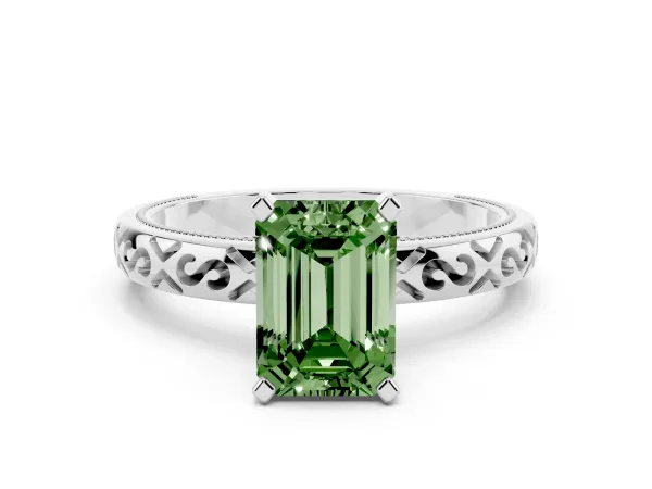 Fancy Green Emerald Cut Solitaire Engagement Ring with Scrollwork Band and Four-Prong Setting Platinum