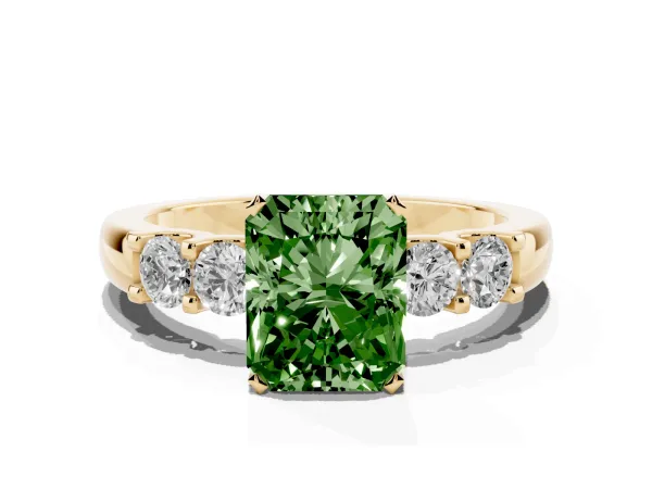Fancy Green Radiant Cut Brilliant Cut Diamond Five-Stone Prong Set Engagement Ring with Channel Band Yellow gold