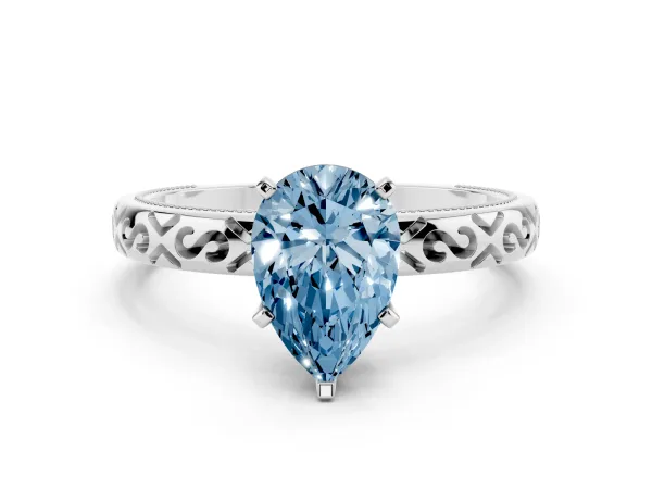 Fancy Blue Pear Cut Solitaire Engagement Ring with Scrollwork Band and Four-Prong Setting White gold