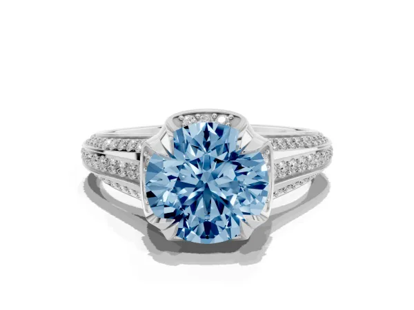 Fancy Blue Round Cut Solitaire Pave Split Shank Ring with Four-Prong Setting Platinum