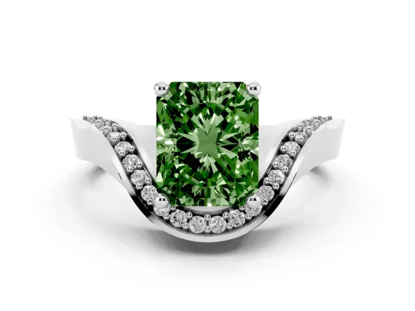 Fancy Green Radiant Cut Solitaire Diamond Engagement Ring with Pave Band and Four-Prong Setting White gold