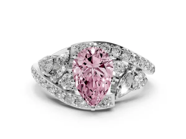 Fancy Pink Pear Cut Diamond Halo Ring with Marquise and Pavé Band in Prong Setting White gold