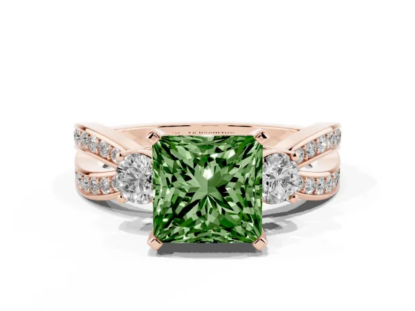Fancy Green Three-Stone Princess Cut Cut Diamond Twist Band with Prong Setting Rose gold