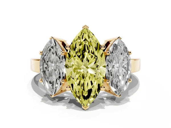 Fancy Yellow Three-Stone Marquise Cut Cut Diamond Engagement Ring with Flat Band and Four-Prong Setting Yellow gold