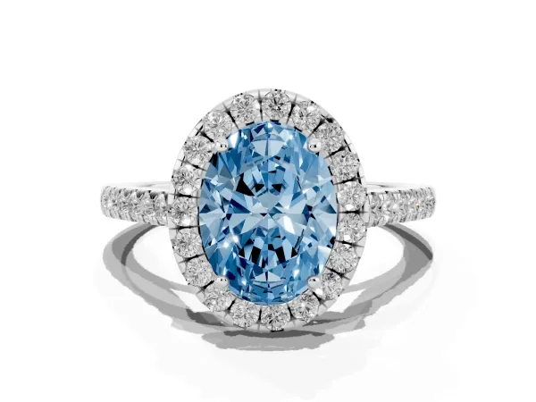 Fancy Blue Oval Cut Halo Pave Diamond Engagement Ring with Four-Prong Setting White gold
