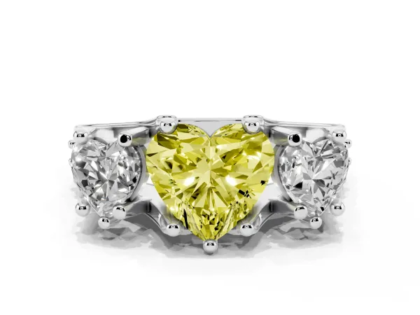 Fancy Yellow Heart Cut Diamond Three-Stone Ring with Channel Set Band and Four-Prong Setting Platinum