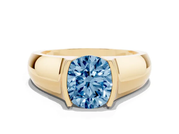Fancy Blue Round Cut Solitaire Bezel Set Diamond Ring with Wide Band Yellow gold