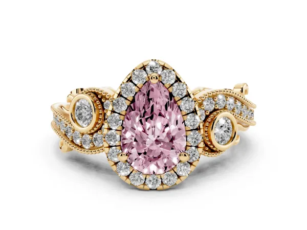 Fancy Pink Pear Cut Halo Diamond Ring with Milgrain and Bezel Accents on a Split Shank Band Yellow gold