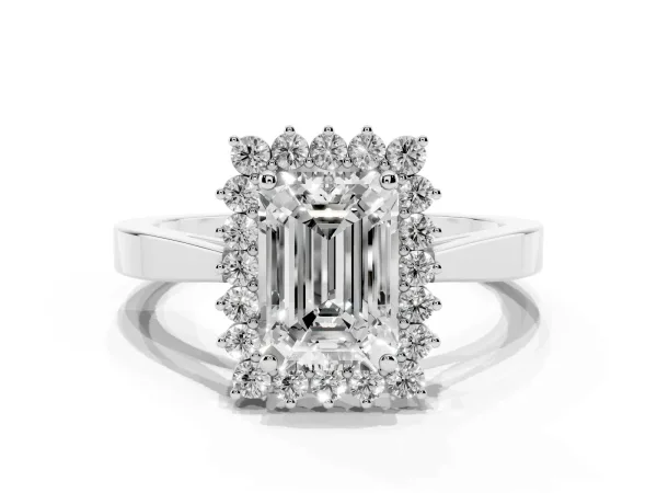 Emerald Cut Cut Diamond Halo Ring with Round Brilliant Halo and Solitaire Band Platinum