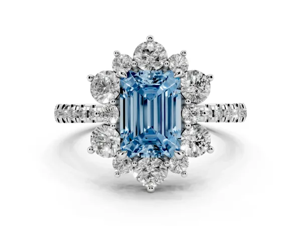 Fancy Blue Emerald Cut Diamond Floral Halo Ring with Round Pavé Band and Prong Setting Platinum