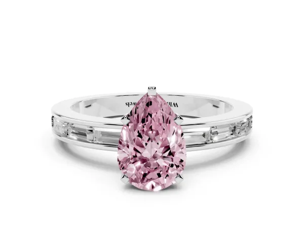 Fancy Pink Pear Cut Solitaire Diamond Ring with Channel-Set Baguette Band and Four-Prong Setting White gold