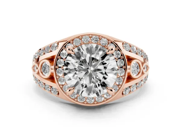 Round Cut Diamond Halo Ring with Split Shank and Bezel Accents and Four-Prong Setting Rose gold