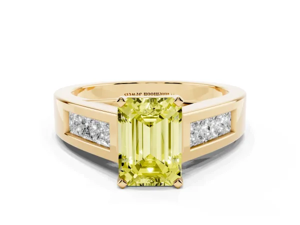 Fancy Yellow Emerald Cut Cut Channel Set Solitaire Ring with Four-Prong Setting Yellow gold