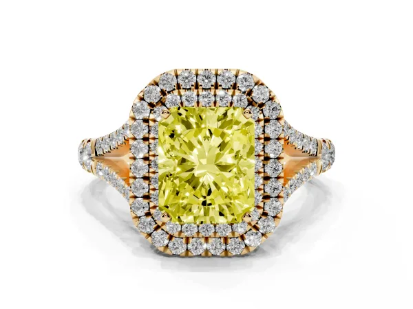 Fancy Yellow Radiant Cut Diamond Pavé Split Shank Double Halo Engagement Ring Yellow gold