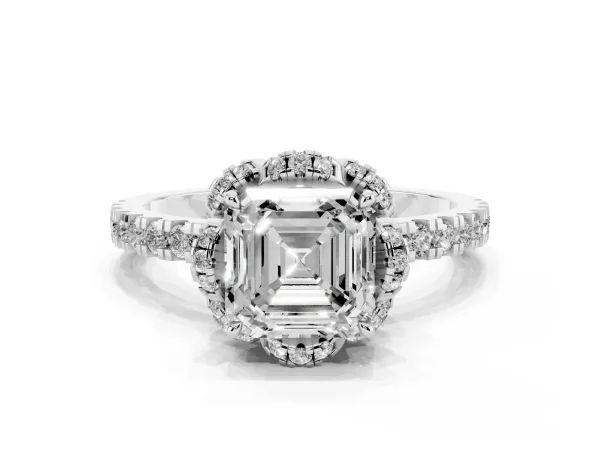 Asscher Cut Diamond Halo Pave Band with Four-Prong Setting Platinum