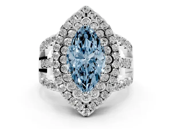 Fancy Blue Marquise Cut Diamond Double Halo Ring with Round Pavé Split Shank and Prong Setting Platinum