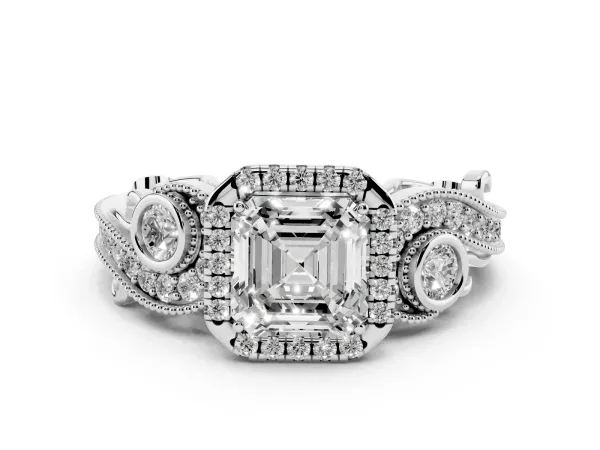 Asscher Cut Halo Diamond Ring with Milgrain and Bezel Accents on a Split Shank Band Platinum