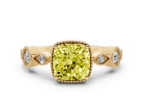 Fancy Yellow Cushion Cut Diamond Vintage Milgrain Ring with Round Stations Yellow gold
