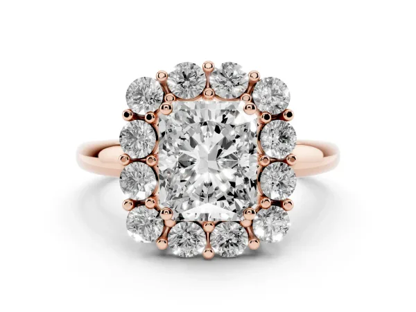 Radiant Cut Halo Cluster Diamond Engagement Ring with Prong Setting and Polished Band Rose gold