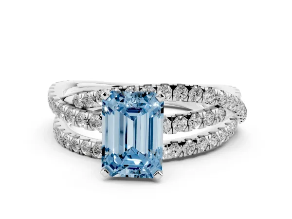 Fancy Blue Emerald Cut Solitaire Twist Band with Pavé Setting and Four-Prong Setting Platinum