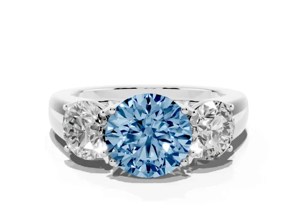 Fancy Blue Three-Stone Round Cut Cut Diamond Ring with Prong Setting and Classic Band Platinum