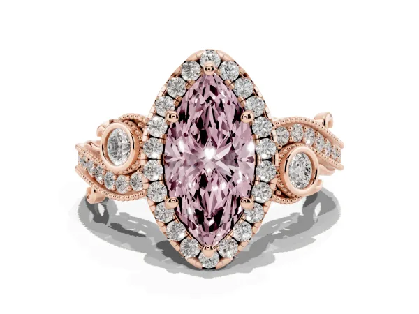 Fancy Pink Marquise Cut Halo Diamond Ring with Milgrain and Bezel Accents on a Split Shank Band Rose gold