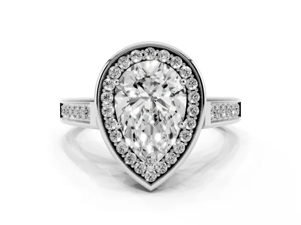 Pear Cut Halo Solitaire Diamond Ring with Pave Band and Bezel Setting Platinum