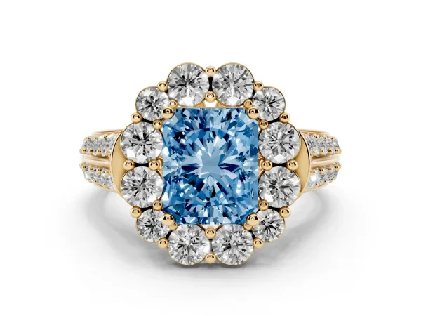 Fancy Blue Radiant Cut Halo Diamond Engagement Ring with Split Shank and Prong Setting Yellow gold