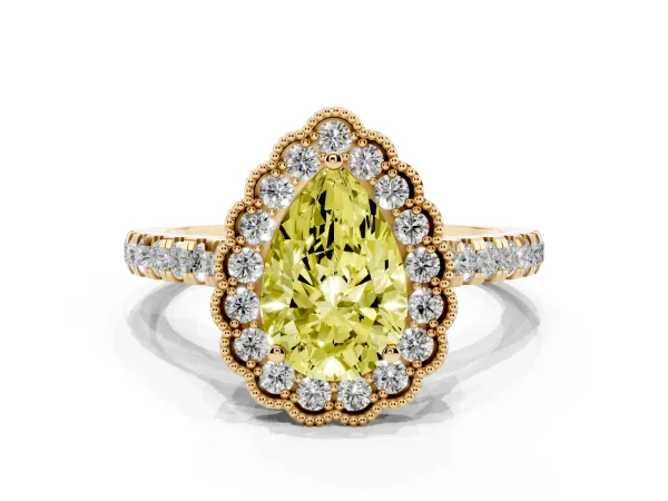 Fancy Yellow Pear Cut Cut Diamond Milgrain Floral Halo Engagement Ring with Pavé Band Yellow gold